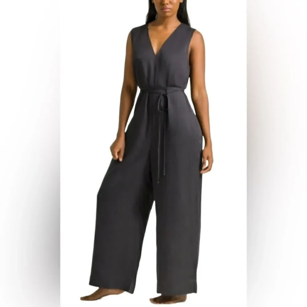 NWT Ettitude Women’s Sateen Jumpsuit V Neck Wide Legs - Onyx - Size XL
